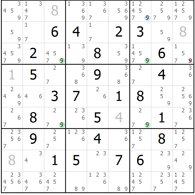Position des candidats pour la solution de la Gr 15 page 18 du magazine de sudoku Maestro n° 100