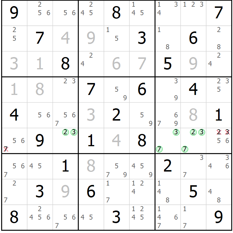 Position des candidats pour la solution de la Gr 16 page 19 du magazine de sudoku Maestro n° 100