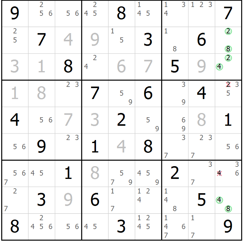 Position des candidats pour la solution de la Gr 16 page 19 du magazine de sudoku Maestro n° 100