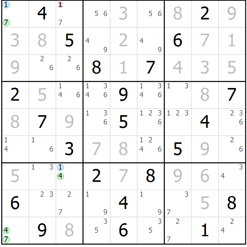 Position des candidats pour la solution de la Gr 17 page 20 du magazine de sudoku Maestro n° 100