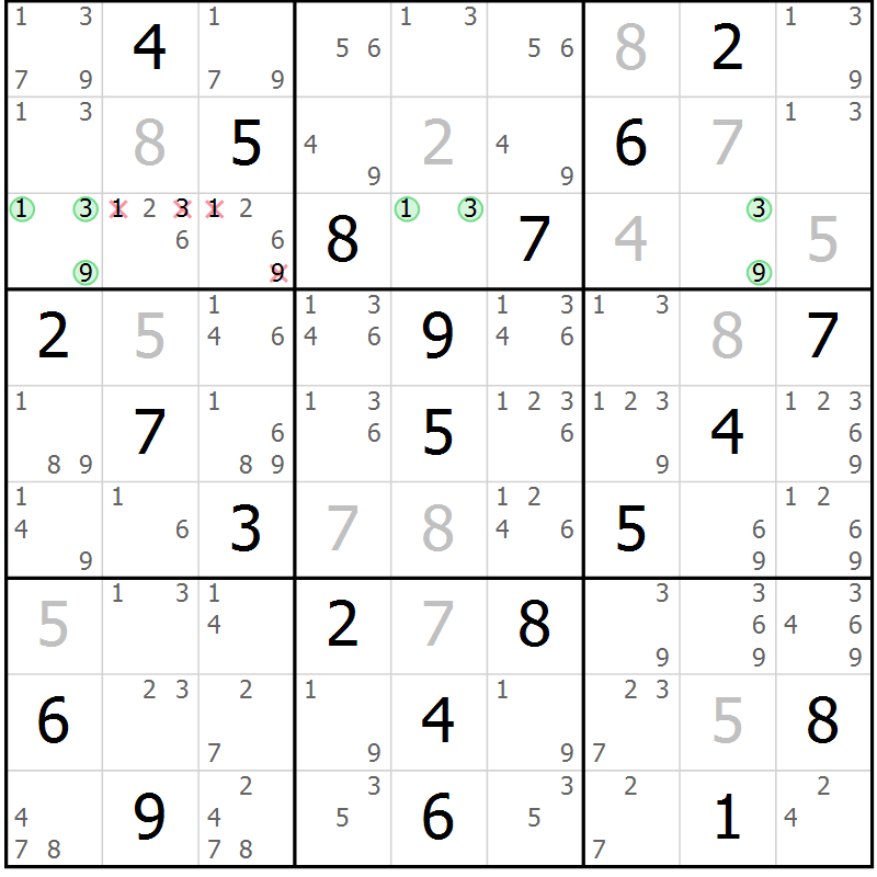 Position des candidats pour la solution de la Gr 17 page 20 du magazine de sudoku Maestro n° 100
