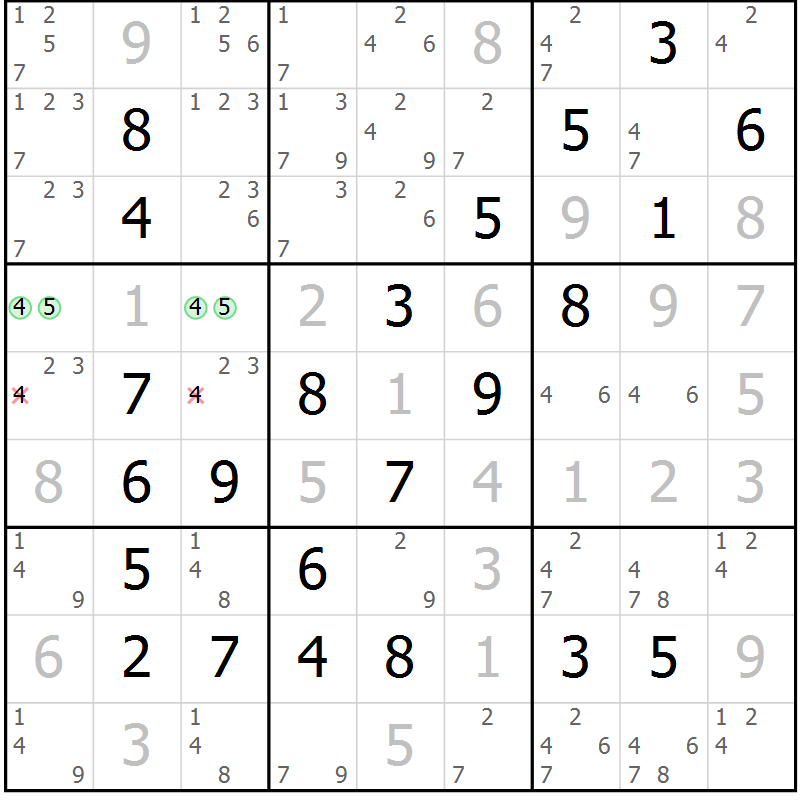 Position des candidats pour la solution de la Gr 18 page 21 du magazine de sudoku Maestro n° 100