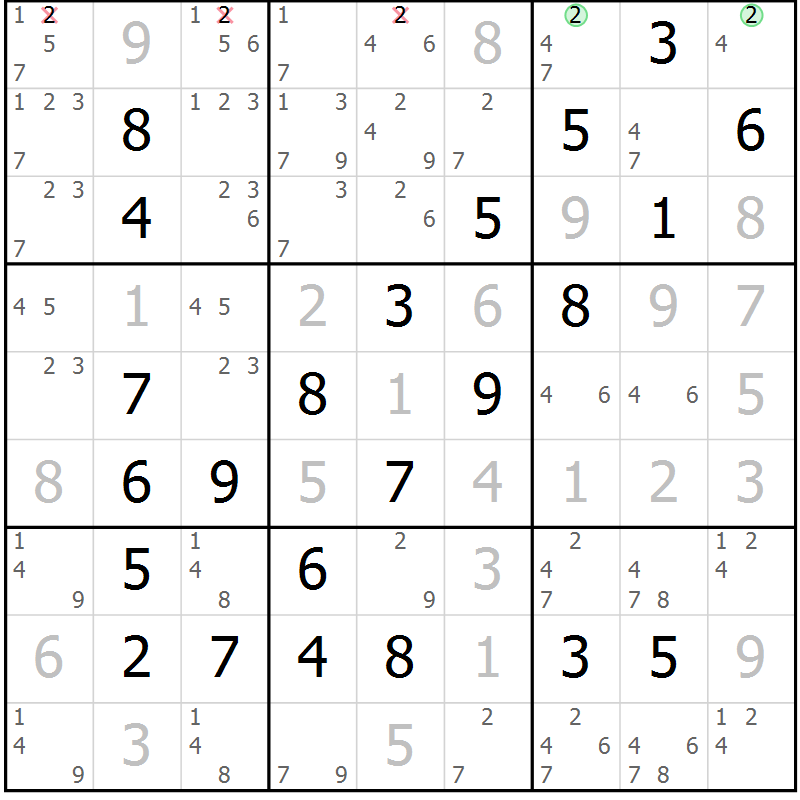 Position des candidats pour la solution de la Gr 18 page 21 du magazine de sudoku Maestro n° 100