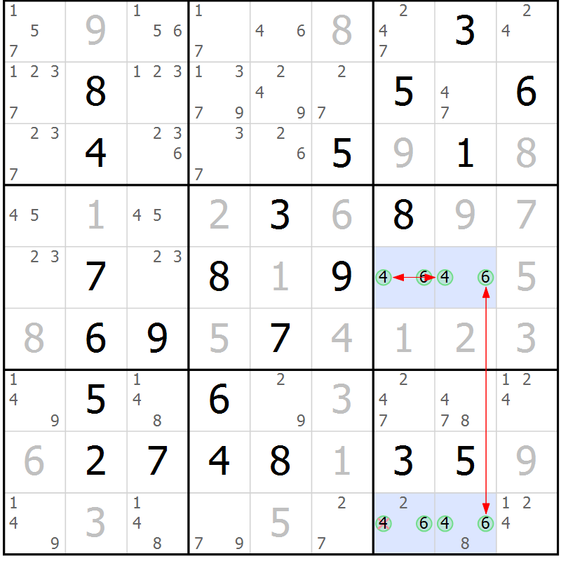 Position des candidats pour la solution de la Gr 18 page 21 du magazine de sudoku Maestro n° 100