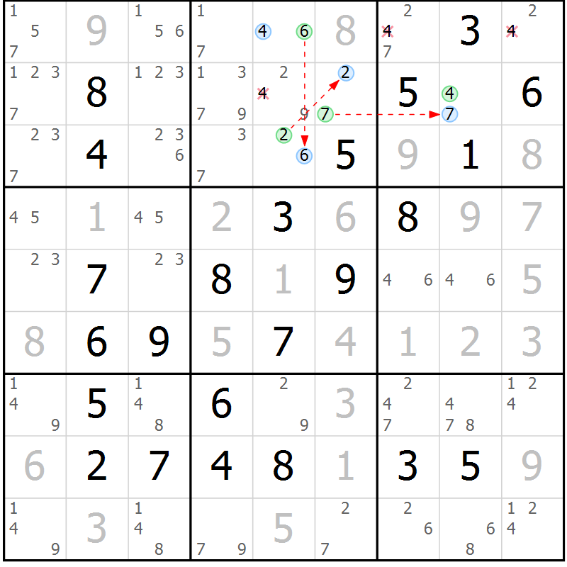 Position des candidats pour la solution de la Gr 18 page 21 du magazine de sudoku Maestro n° 100