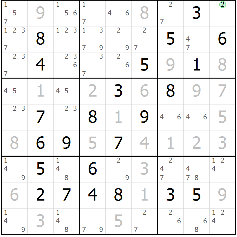 Position des candidats pour la solution de la Gr 18 page 21 du magazine de sudoku Maestro n° 100