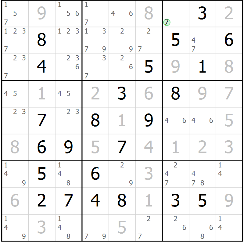 Position des candidats pour la solution de la Gr 18 page 21 du magazine de sudoku Maestro n° 100