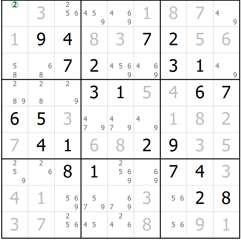 Position des candidats pour la solution de la Gr 2 page 5 du magazine de sudoku Maestro n° 100