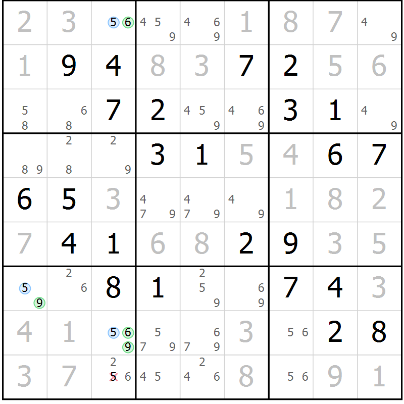 Position des candidats pour la solution de la Gr 2 page 5 du magazine de sudoku Maestro n° 100