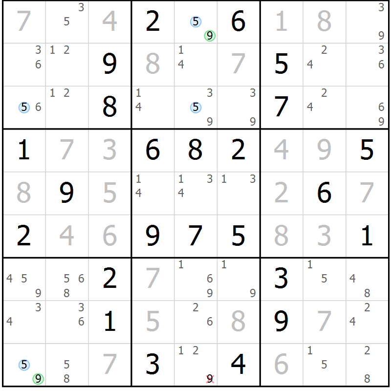 Position des candidats pour la solution de la Gr 20 page 23 du magazine de sudoku Maestro n° 100