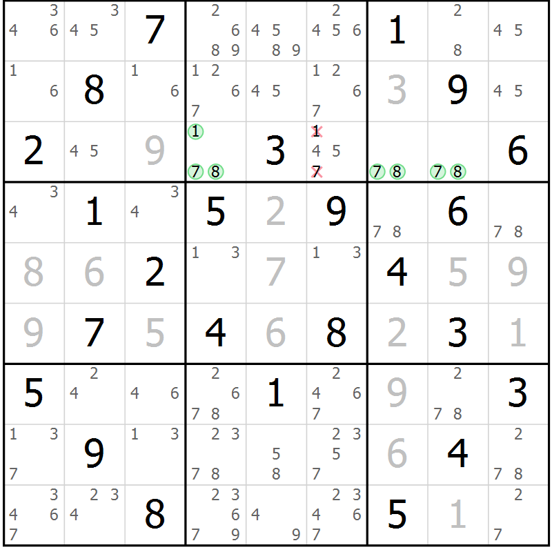 Position des candidats pour la solution de la Gr 21 page 24 du magazine de sudoku Maestro n° 100