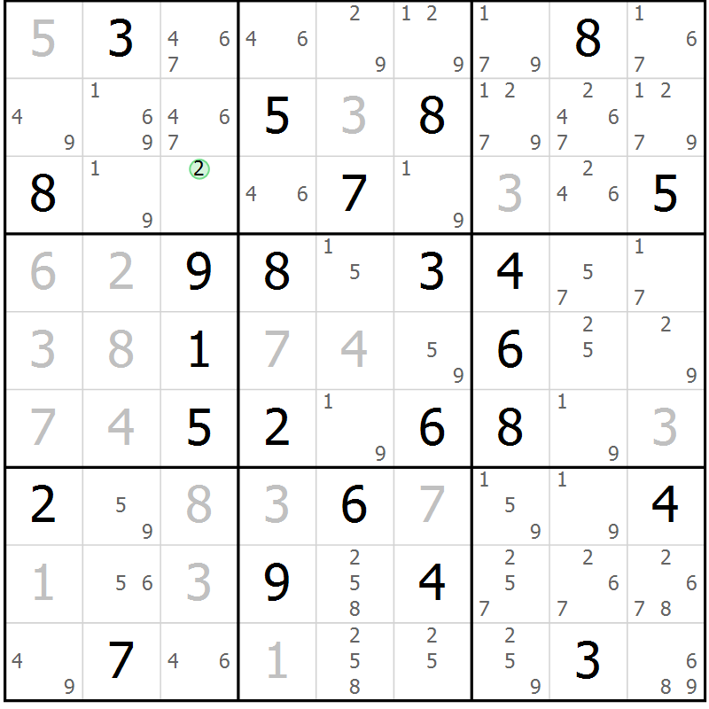 Position des candidats pour la solution de la Gr 22 page 25 du magazine de sudoku Maestro n° 100