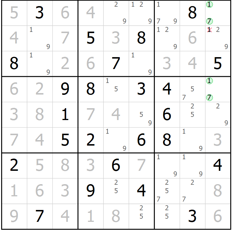 Position des candidats pour la solution de la Gr 22 page 25 du magazine de sudoku Maestro n° 100