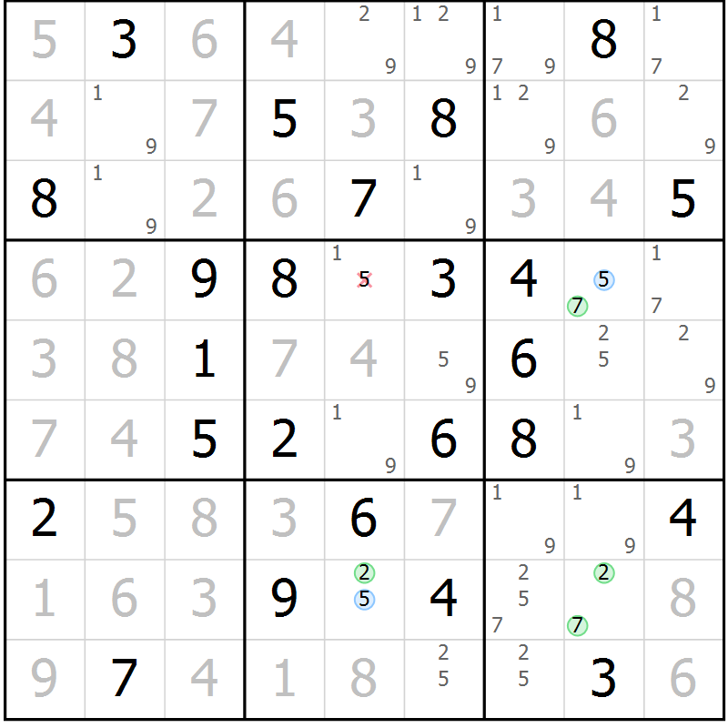 Position des candidats pour la solution de la Gr 22 page 25 du magazine de sudoku Maestro n° 100