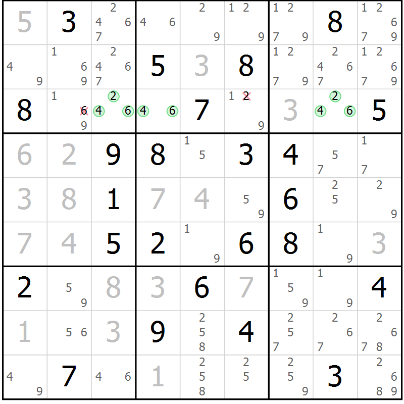Position des candidats pour la solution de la Gr 22 page 25 du magazine de sudoku Maestro n° 100