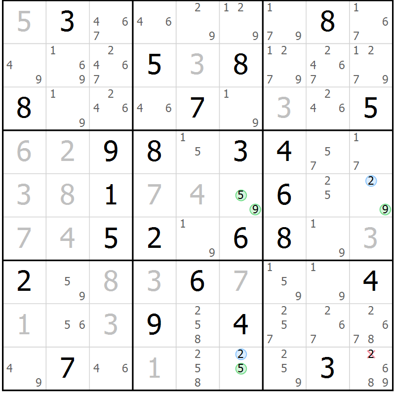 Position des candidats pour la solution de la Gr 22 page 25 du magazine de sudoku Maestro n° 100