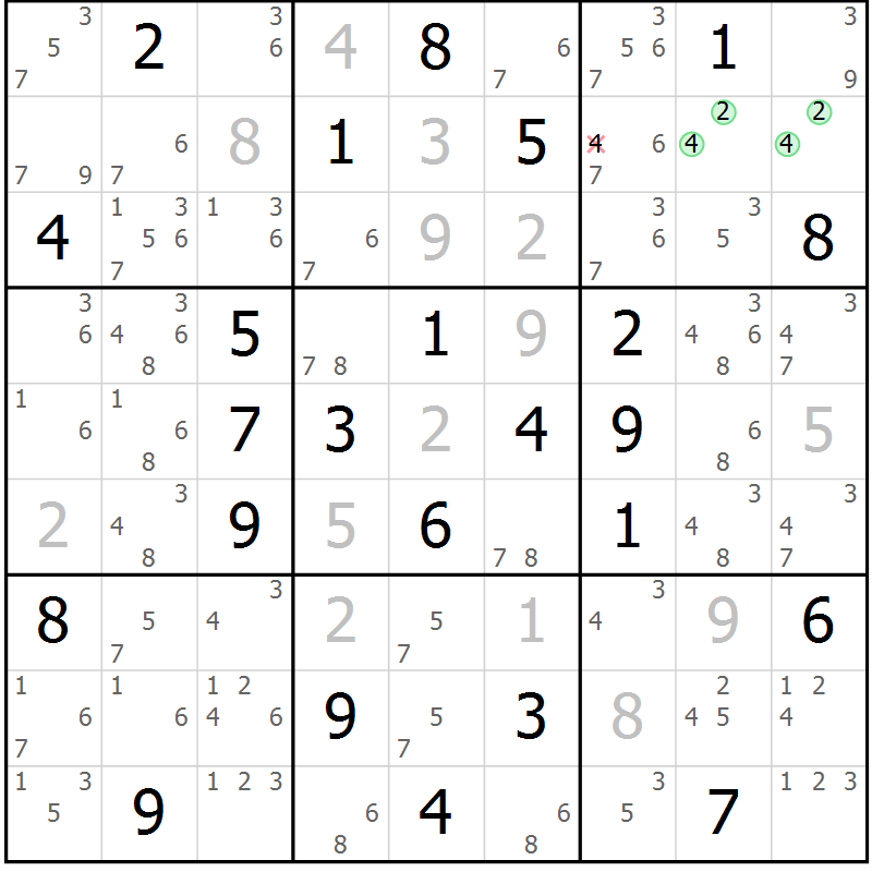 Position des candidats pour la solution de la Gr 23 page 26 du magazine de sudoku Maestro n° 100