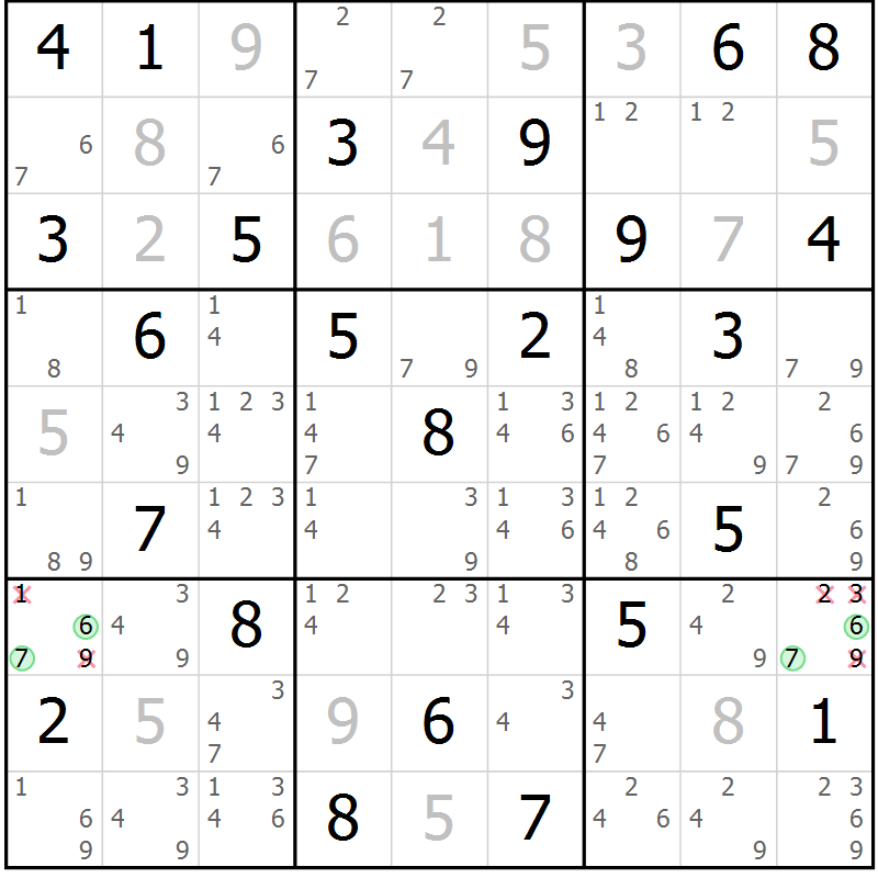 Position des candidats pour la solution de la Gr 24 page 27 du magazine de sudoku Maestro n° 100