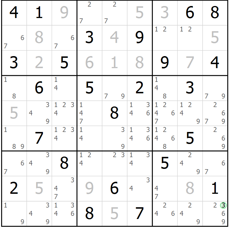 Position des candidats pour la solution de la Gr 24 page 27 du magazine de sudoku Maestro n° 100