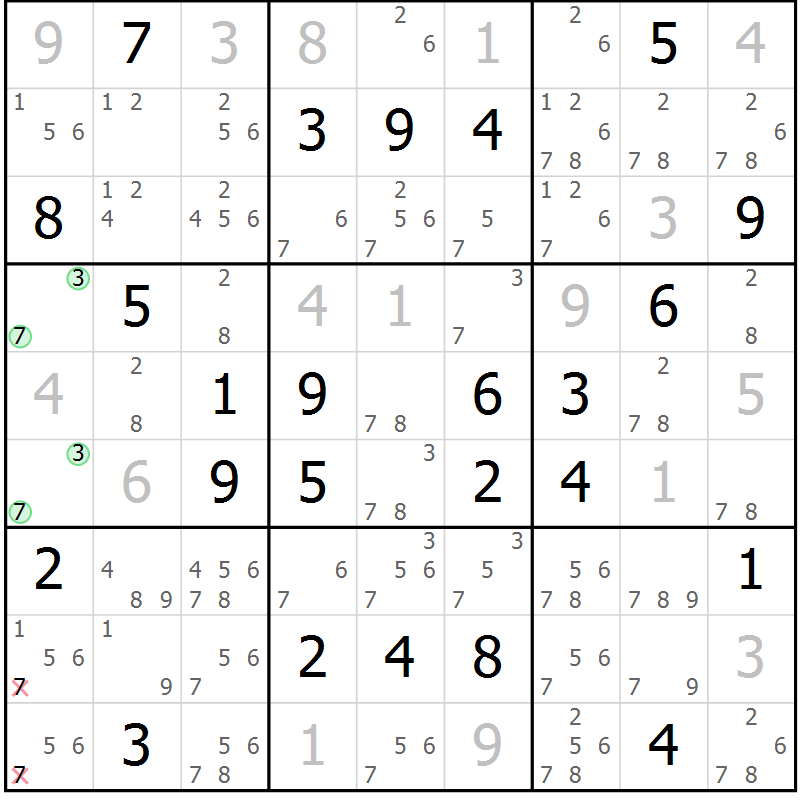 Position des candidats pour la solution de la Gr 25 page 28 du magazine de sudoku Maestro n° 100