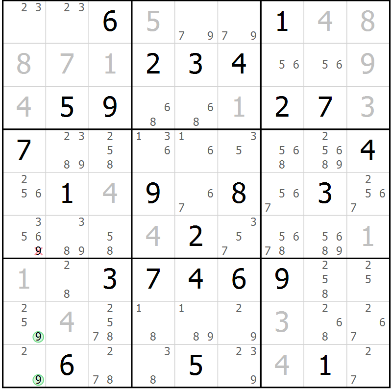Position des candidats pour la solution de la Gr 28 page 31 du magazine de sudoku Maestro n° 100