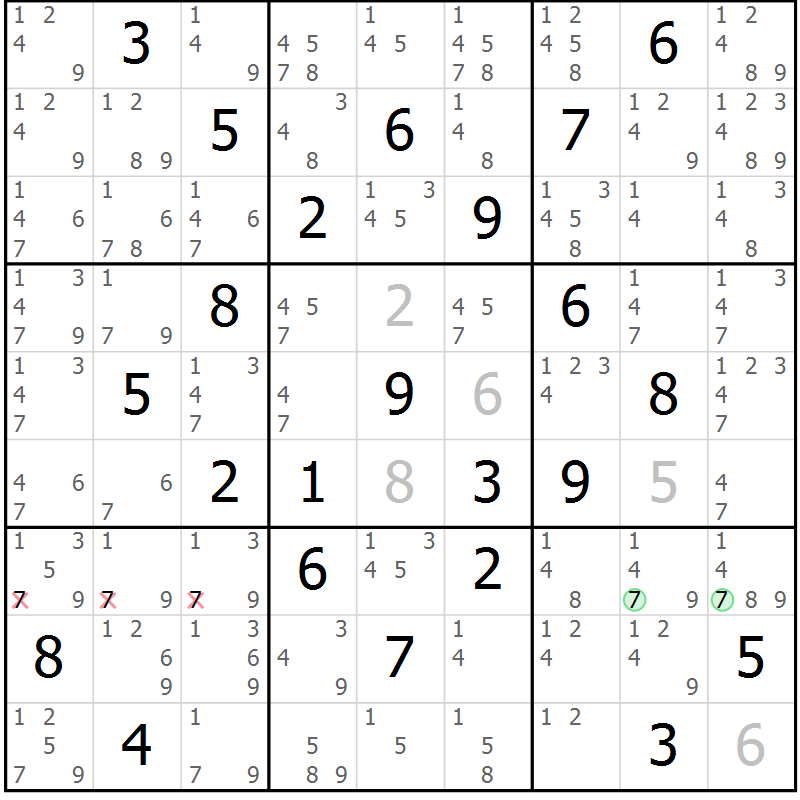 Position des candidats pour la solution de la Gr 29 page 32 du magazine de sudoku Maestro n° 100