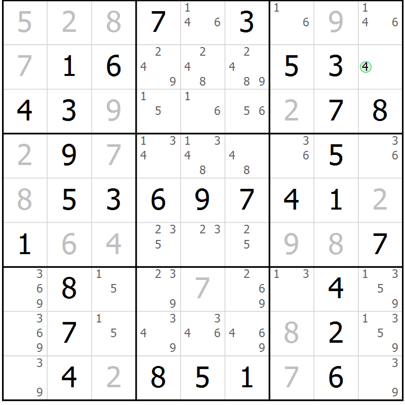 Position des candidats pour la solution de la Gr 3 page 6 du magazine de sudoku Maestro n° 100