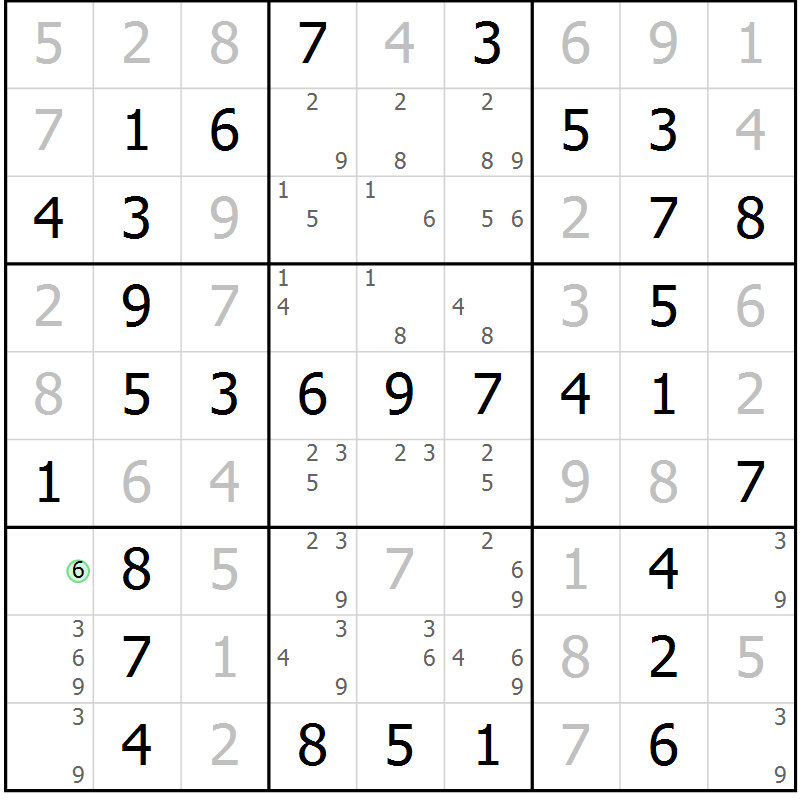 Position des candidats pour la solution de la Gr 3 page 6 du magazine de sudoku Maestro n° 100