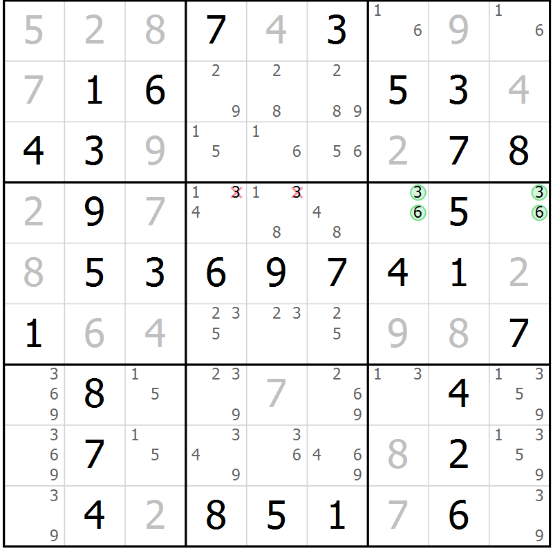 Position des candidats pour la solution de la Gr 3 page 6 du magazine de sudoku Maestro n° 100