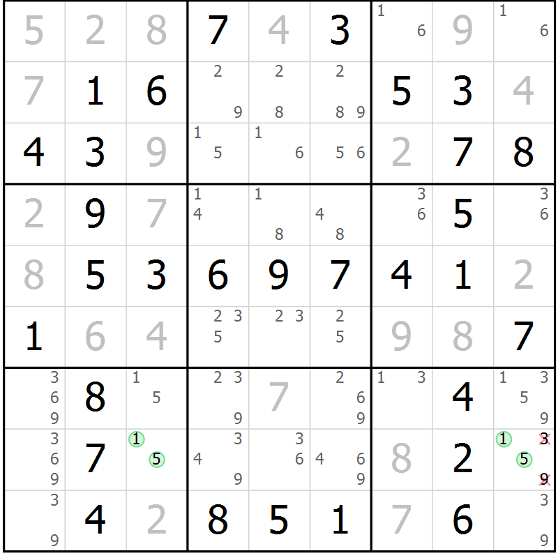Position des candidats pour la solution de la Gr 3 page 6 du magazine de sudoku Maestro n° 100