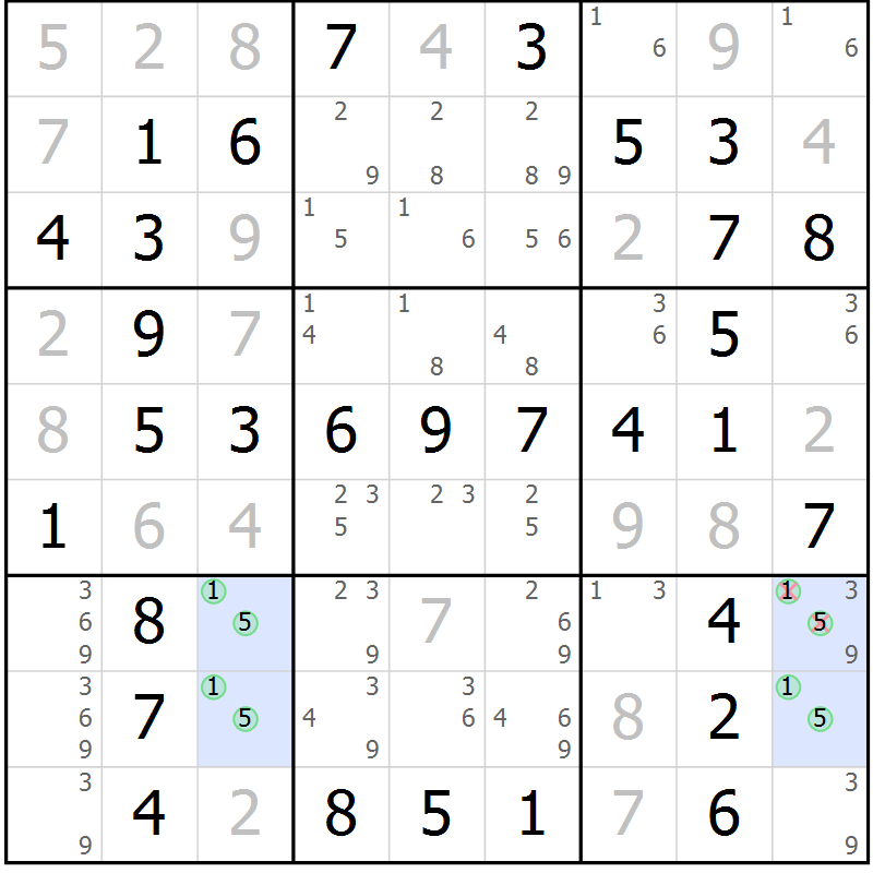 Position des candidats pour la solution de la Gr 3 page 6 du magazine de sudoku Maestro n° 100