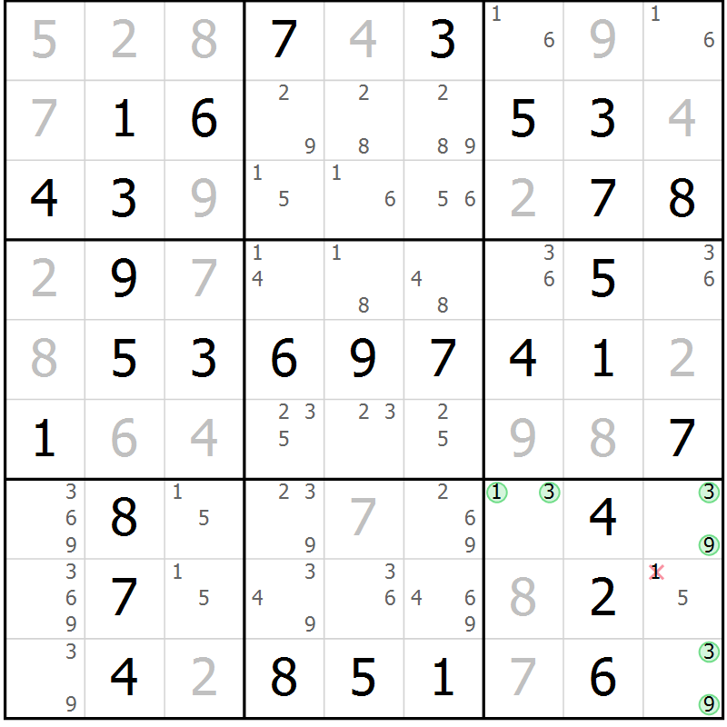 Position des candidats pour la solution de la Gr 3 page 6 du magazine de sudoku Maestro n° 100