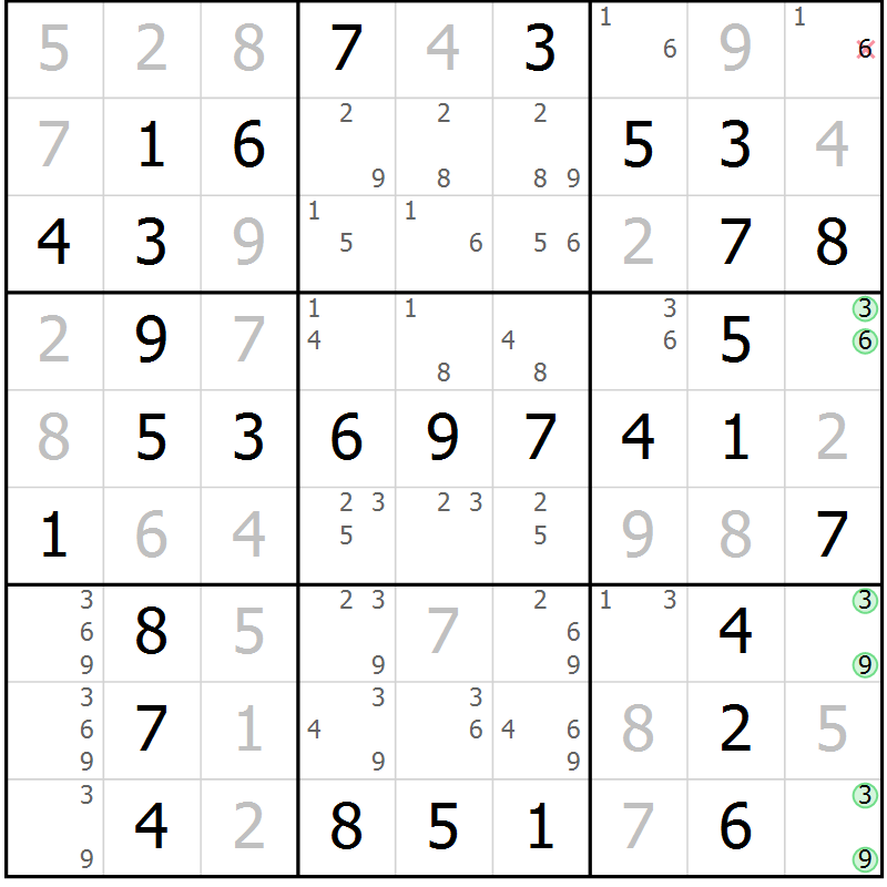Position des candidats pour la solution de la Gr 3 page 6 du magazine de sudoku Maestro n° 100