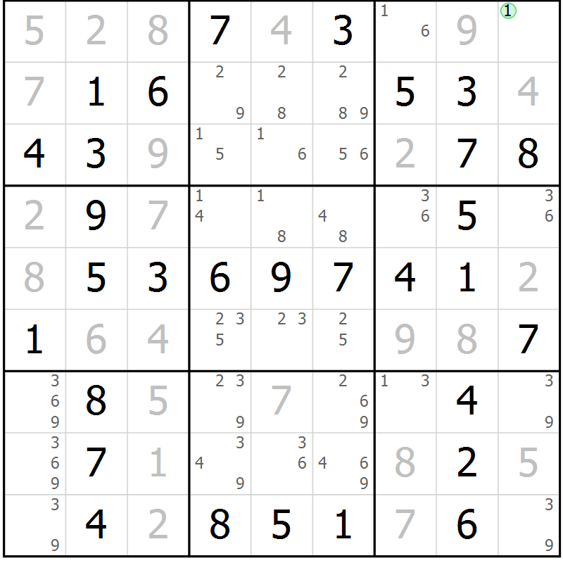 Position des candidats pour la solution de la Gr 3 page 6 du magazine de sudoku Maestro n° 100