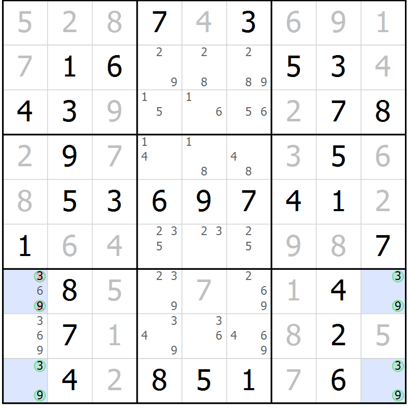 Position des candidats pour la solution de la Gr 3 page 6 du magazine de sudoku Maestro n° 100