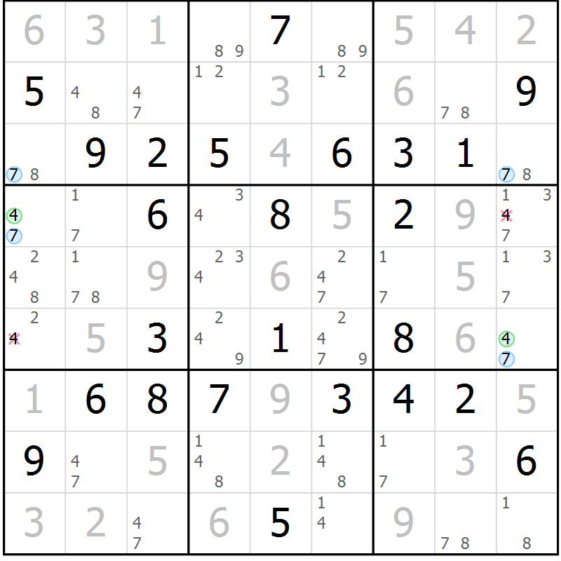 Position des candidats pour la solution de la Gr 32 page 35 du magazine de sudoku Maestro n° 100