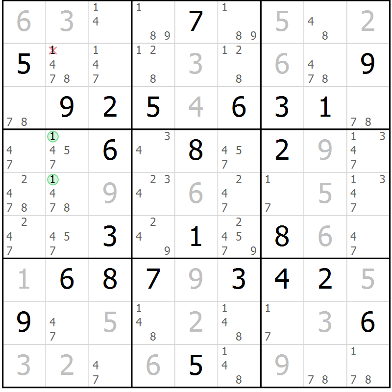 Position des candidats pour la solution de la Gr 32 page 35 du magazine de sudoku Maestro n° 100