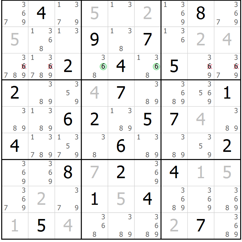 Position des candidats pour la solution de la Gr 33 page 36 du magazine de sudoku Maestro n° 100
