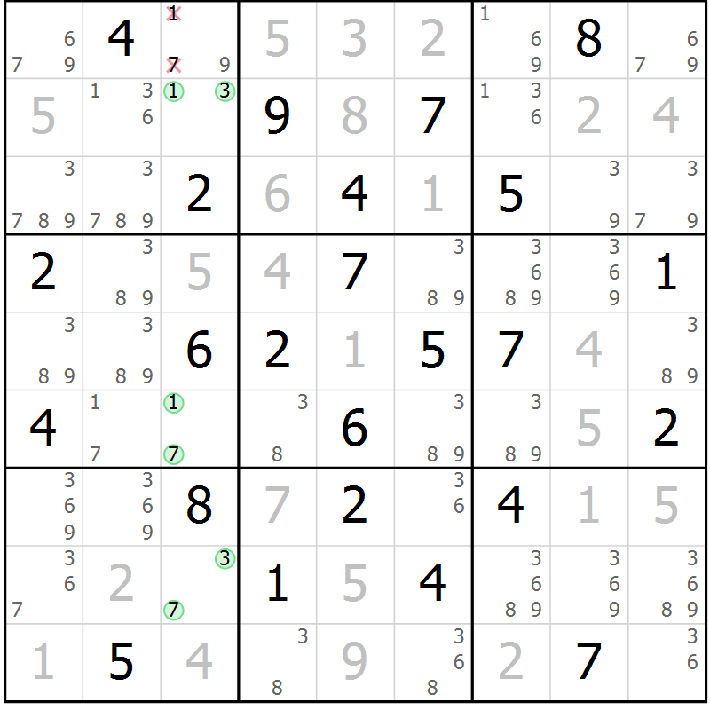 Position des candidats pour la solution de la Gr 33 page 36 du magazine de sudoku Maestro n° 100
