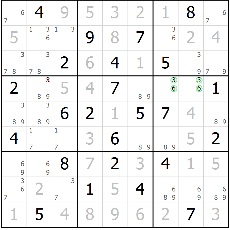 Position des candidats pour la solution de la Gr 33 page 36 du magazine de sudoku Maestro n° 100