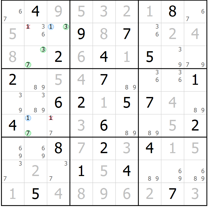 Position des candidats pour la solution de la Gr 33 page 36 du magazine de sudoku Maestro n° 100