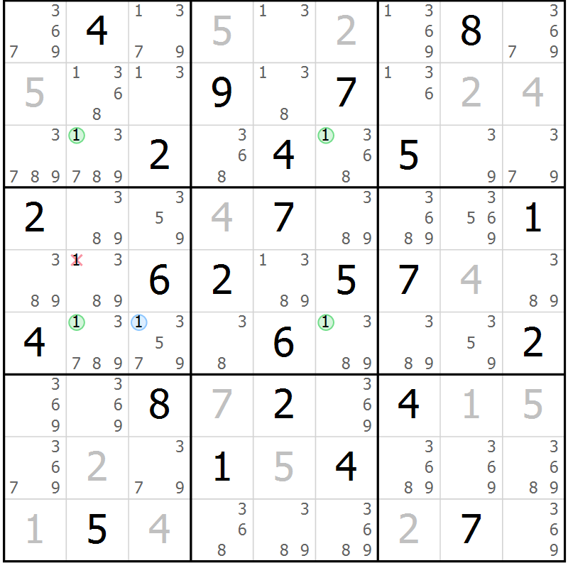 Position des candidats pour la solution de la Gr 33 page 36 du magazine de sudoku Maestro n° 100