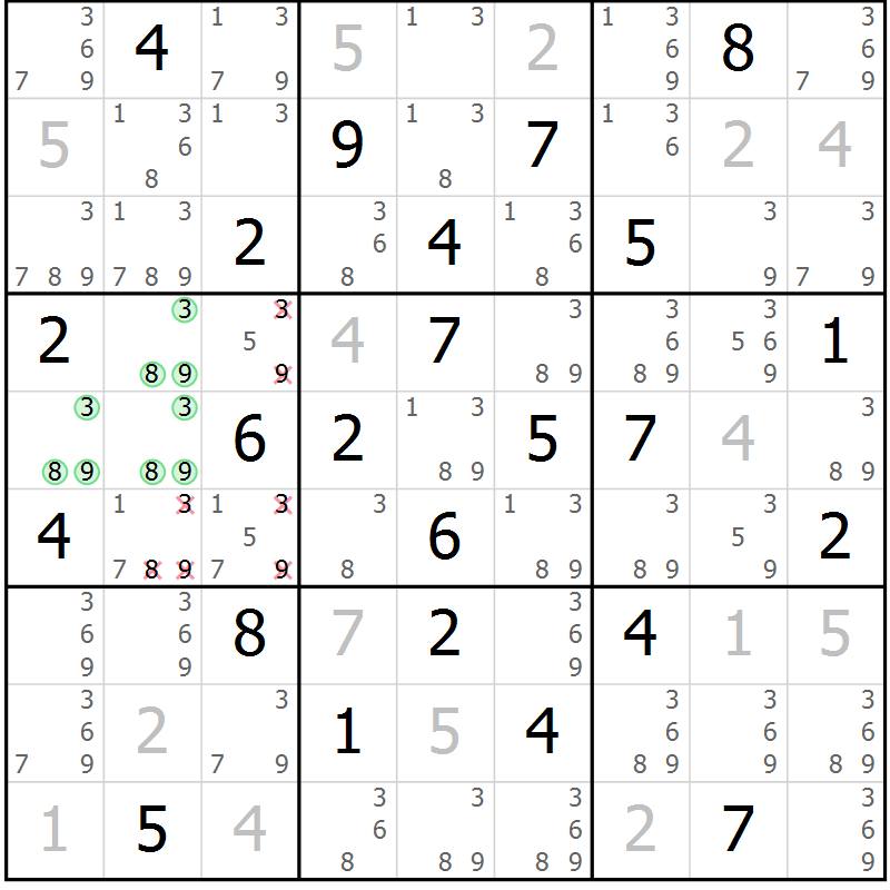 Position des candidats pour la solution de la Gr 33 page 36 du magazine de sudoku Maestro n° 100