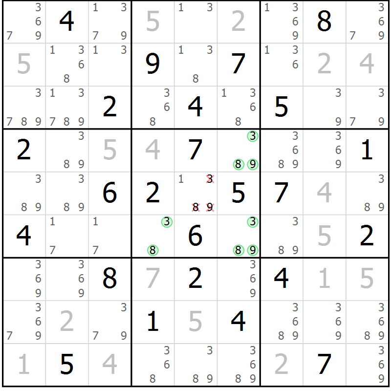 Position des candidats pour la solution de la Gr 33 page 36 du magazine de sudoku Maestro n° 100