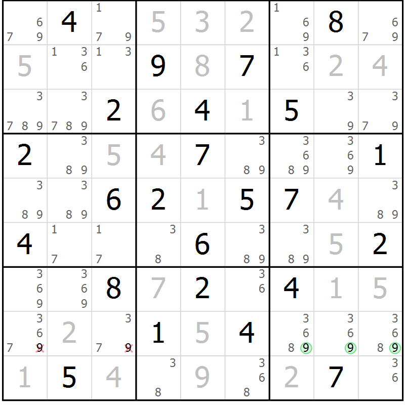 Position des candidats pour la solution de la Gr 33 page 36 du magazine de sudoku Maestro n° 100