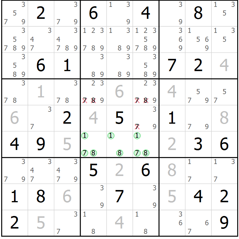 Position des candidats pour la solution de la Gr 35 page 38 du magazine de sudoku Maestro n° 100