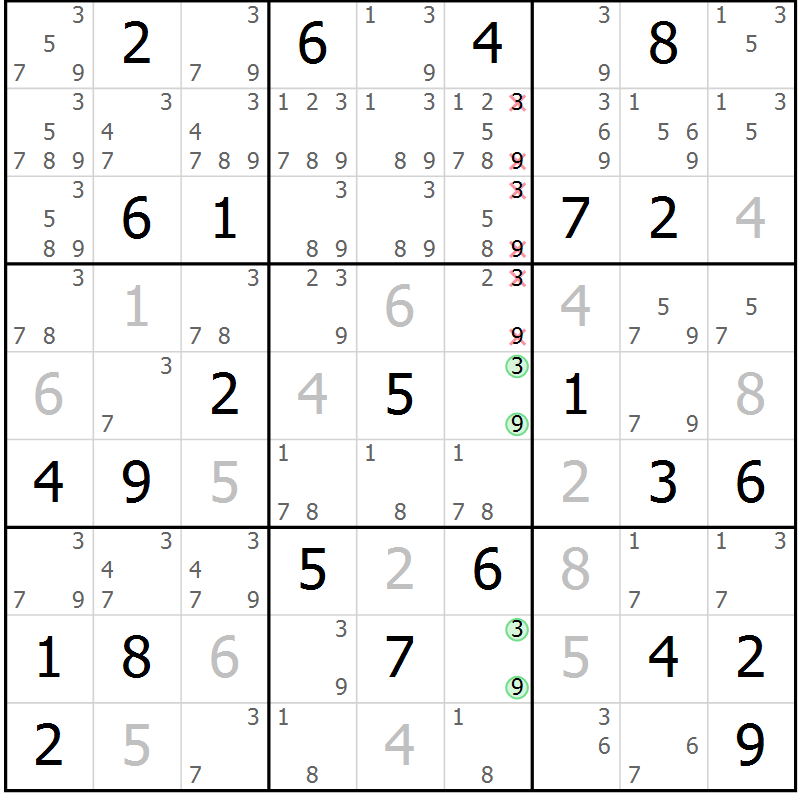 Position des candidats pour la solution de la Gr 35 page 38 du magazine de sudoku Maestro n° 100