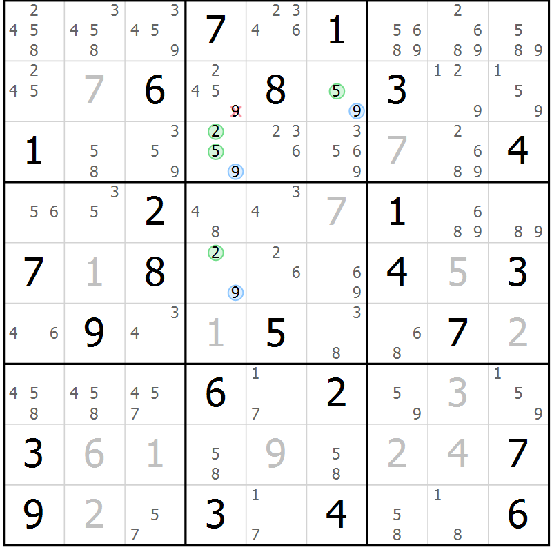 Position des candidats pour la solution de la Gr 36 page 39 du magazine de sudoku Maestro n° 100