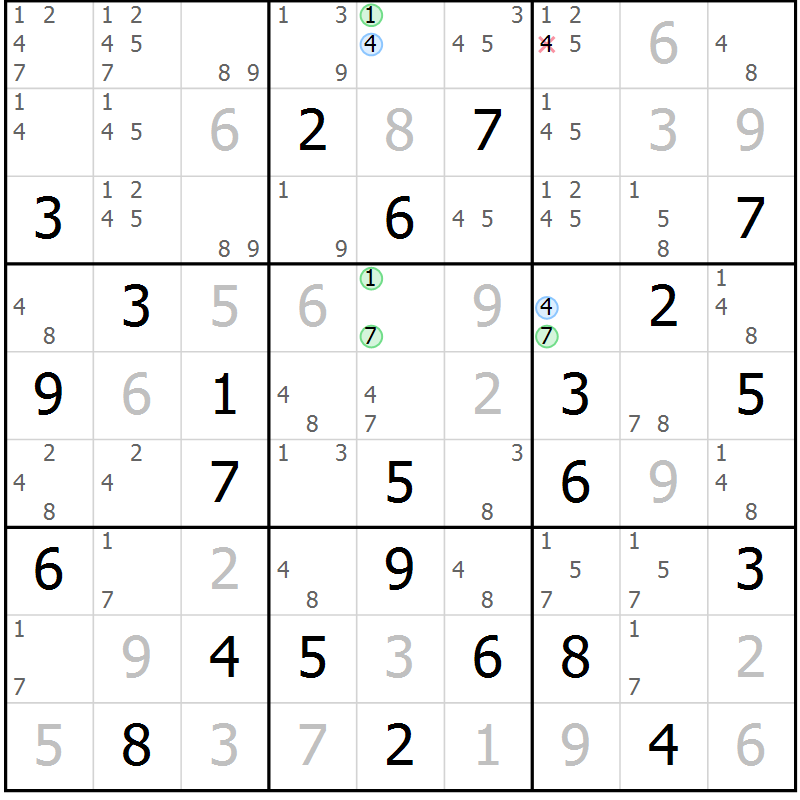 Position des candidats pour la solution de la Gr 37 page 40 du magazine de sudoku Maestro n° 100