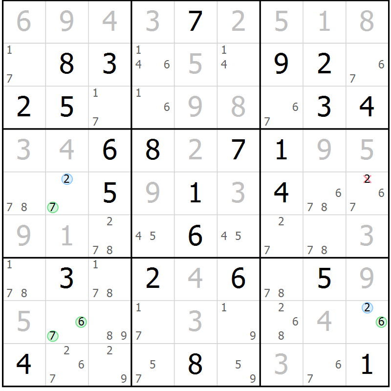 Position des candidats pour la solution de la Gr 39 page 42 du magazine de sudoku Maestro n° 100